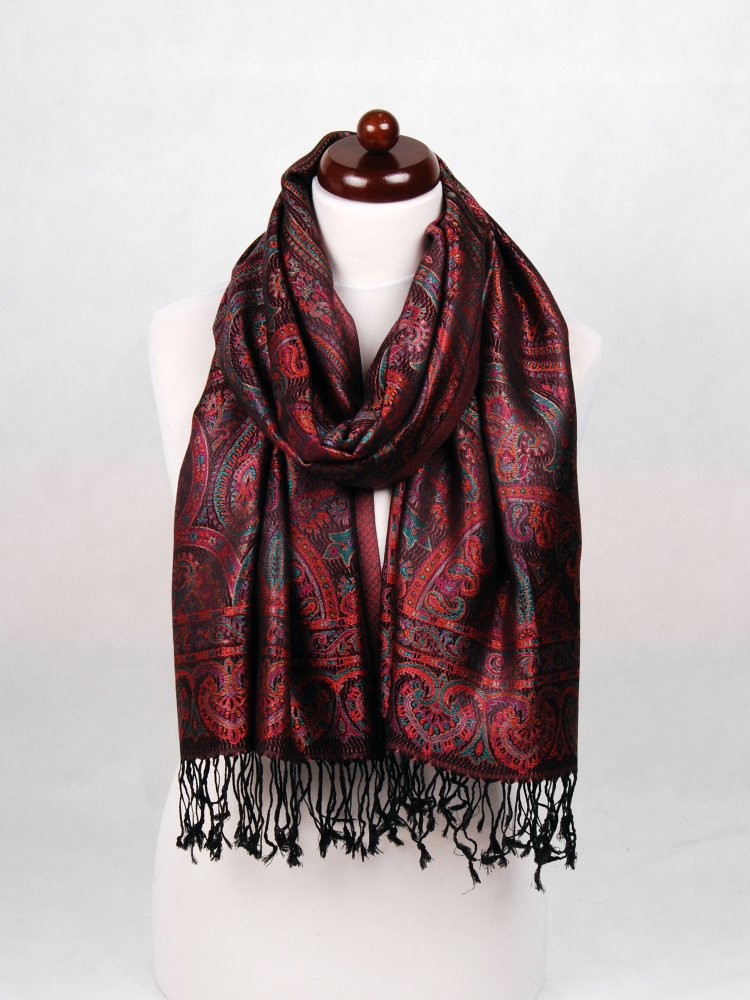 Hedvábná šála Super velká černá s magentou a tmavě zelenou