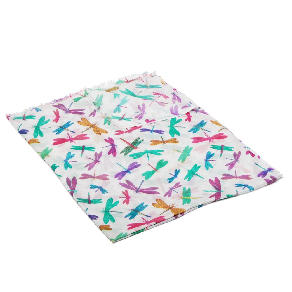 Šála z viskózy tenká bílá se zelenou a fialovou