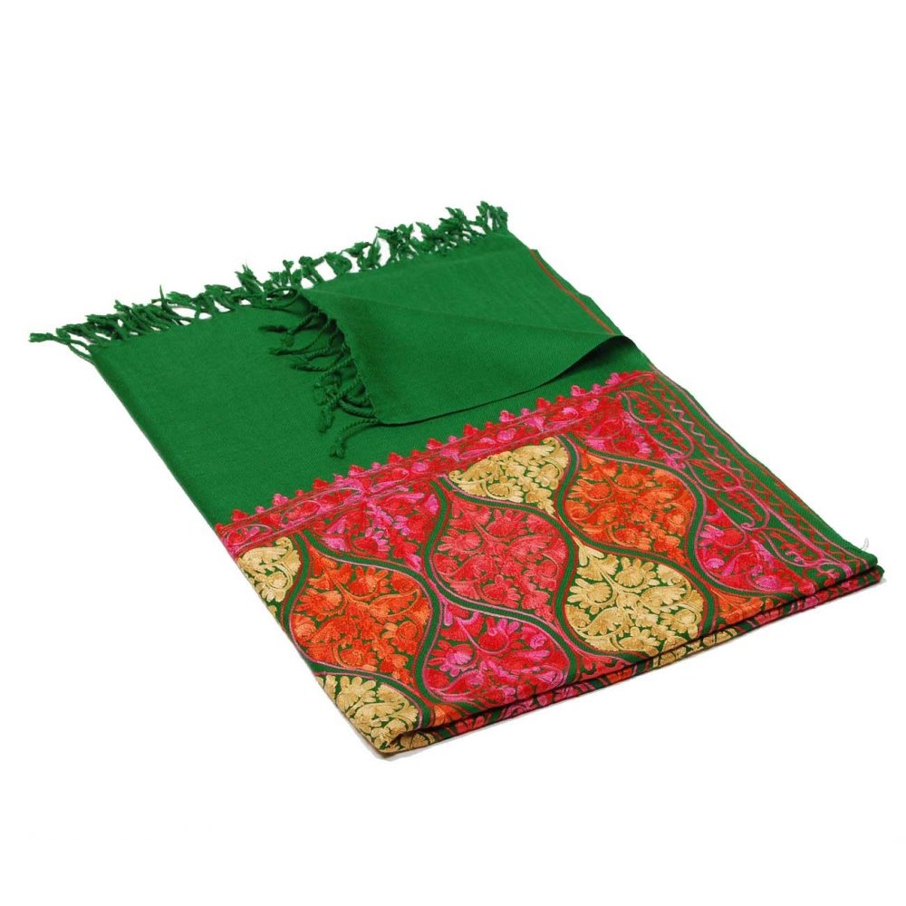 Kašmírská vlněná šála Jate M zelená s výšivkou laděnou do růžové a červené barvy