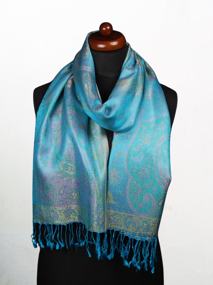 Hedvábná šála Super střední tyrkysová se žlutou a růžovou