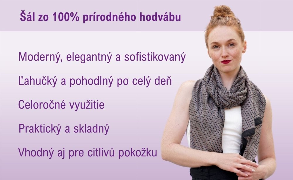 Veľký hodvábny šál s geometrickým vzorom šedo-čierny s oranžovou farbou
