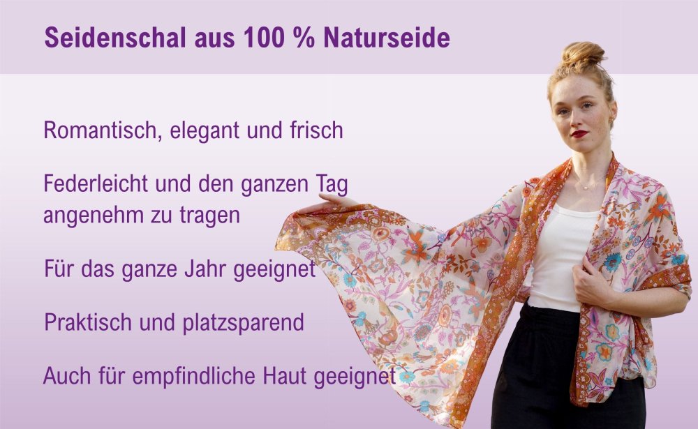 Großer Seidenschal mit Blumenmuster weiß mit Braun und Lila
