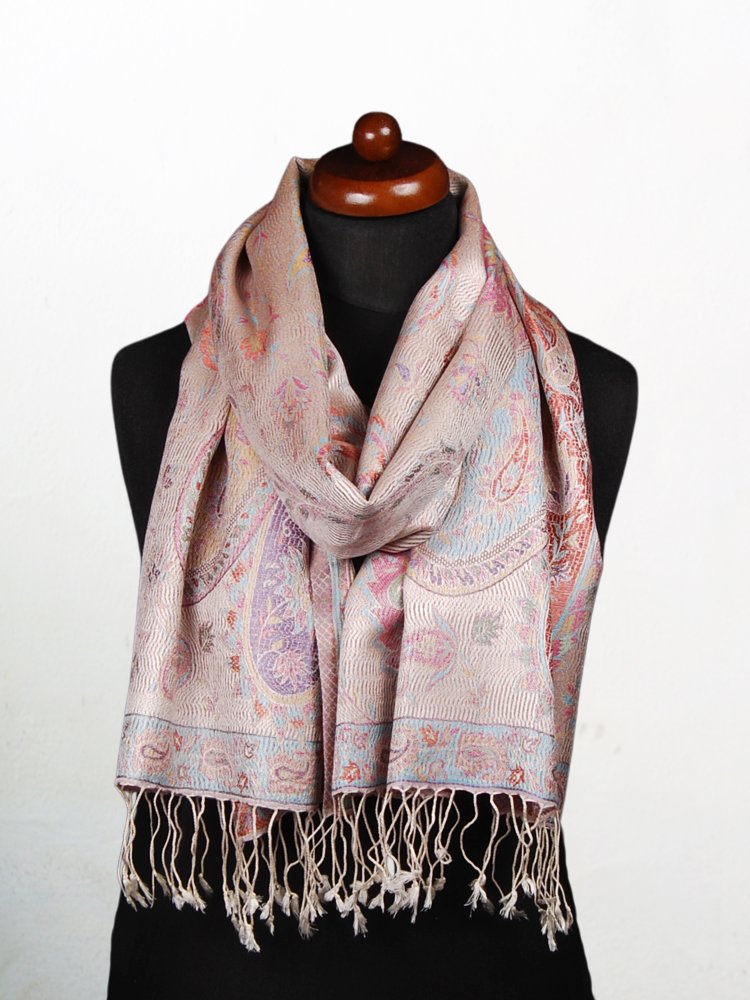 Hedvábná šála Super střední smetanová s růžovou a světle modrou