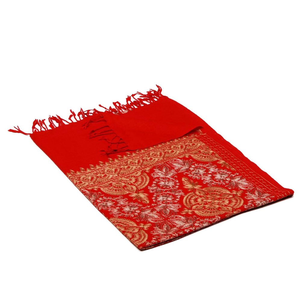 Kašmírská vlněná šála vyšívaná hedvábím červená se světle hnědou