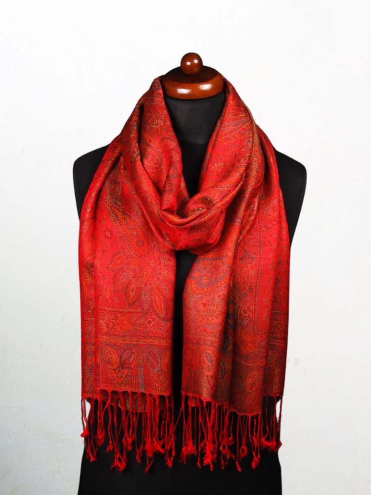 Šála z viskózy a hedvábí Tsewang červená s tmavě zelenou