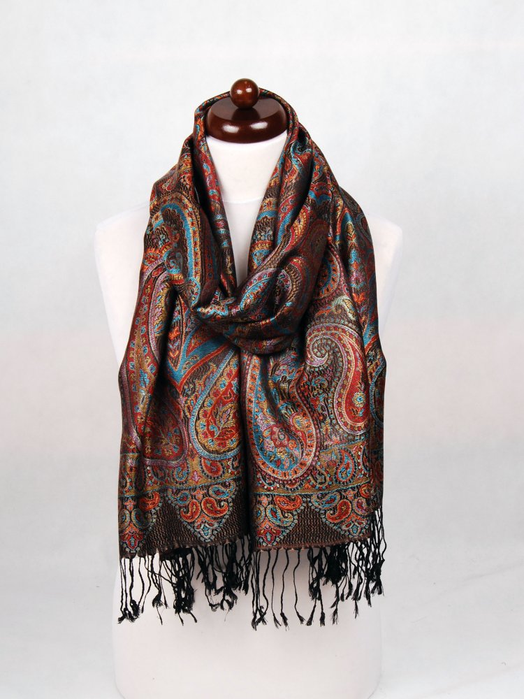 Hedvábná šála Super velká černá s červenou a tyrkysovou