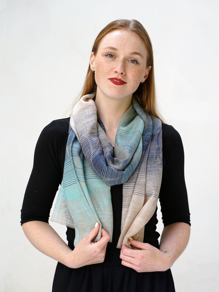 Kašmírská vlněná pašmína exclusive s tmavě modrou a světle tyrkysovou