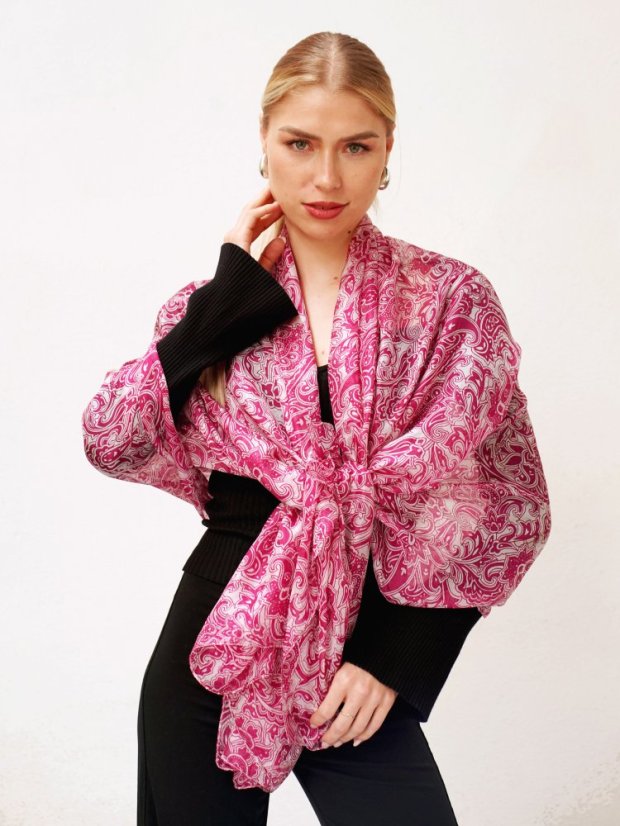 Velká hedvábná šála s ornamentálním vzorem magenta