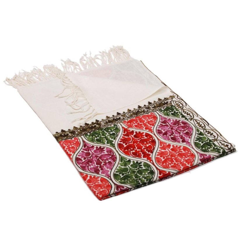 Kaschmirischer Wollschal Jate M cremefarben mit Stickerei mit Grün