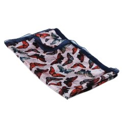 Hodvábny šál s potlačou s motýlikmi svetlošedo-červeno-tmavomodrý