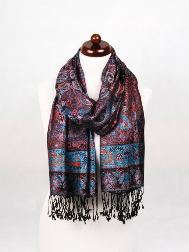 Hedvábná šála Super velká černá s oranžovou a tyrkysovou