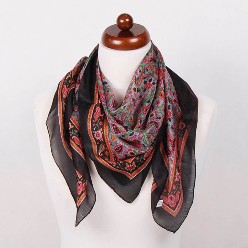 Hedvábný šátek s potiskem šedý s červenou a černou