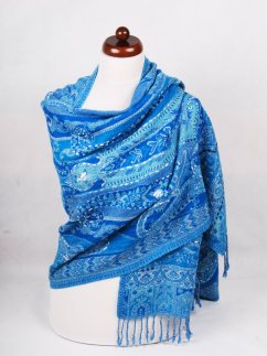 Šála z merino vlny s vyšíváním tyrkysovo-modrá