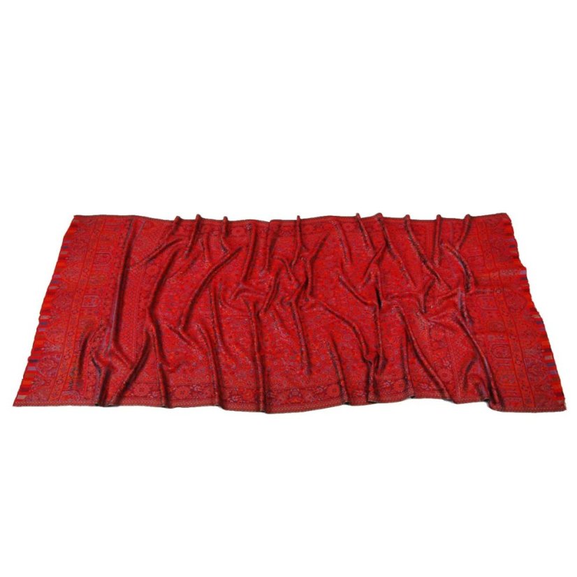 Šála z viskózy a hedvábí Khani Jamavar červená s tyrkysovou a žlutou