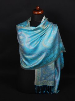 Hedvábná šála Super střední tyrkysová se žlutou a růžovou