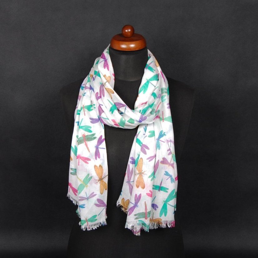 Šála z viskózy tenká bílá se zelenou a fialovou