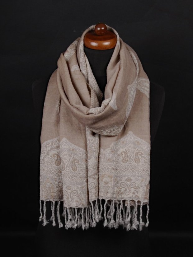 Schal aus Merinowolle graubraun mit Cremefarbe