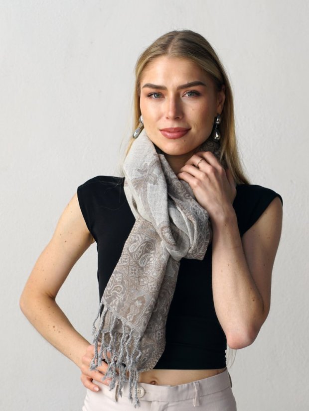 Schal aus Merinowolle cremefarben mit Graubraun