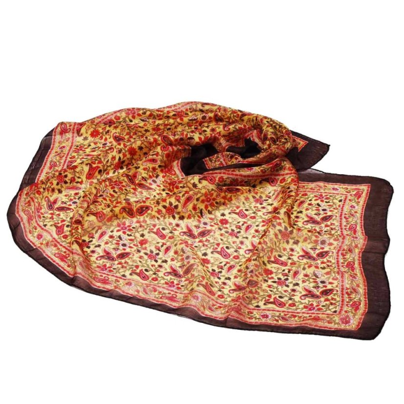 Hodvábny šál s potlačou žltý s červenou a tmavohnedou farbou