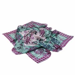 Hedvábný šátek s potiskem se šedozelenou a tmavě fialovou