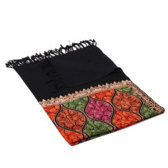 Kašmírsky vlnený šál Jate M čierny s výšivkou so zlatou a tmavoružovou farbou