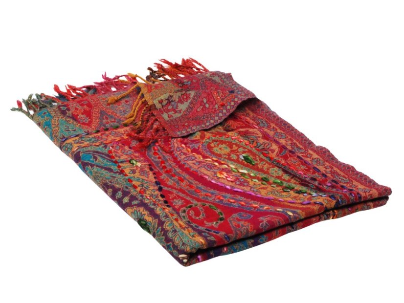 Šála z merino vlny s vyšíváním mnohobarevná s magentou