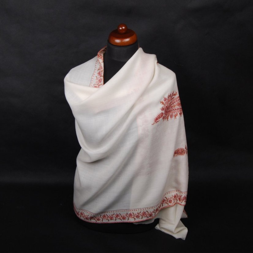 Kaschmirischer Wollschal handgestickt cremefarben mit Dunkellila und Orange