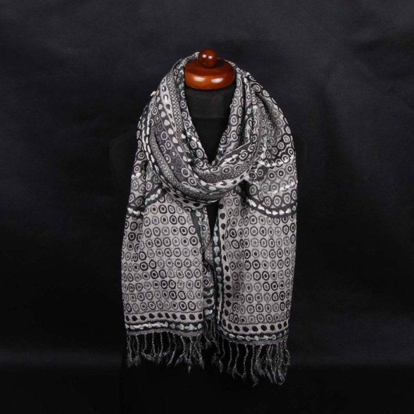Šála z merino vlny s vyšíváním černo-smetanovo-tmavě šedá