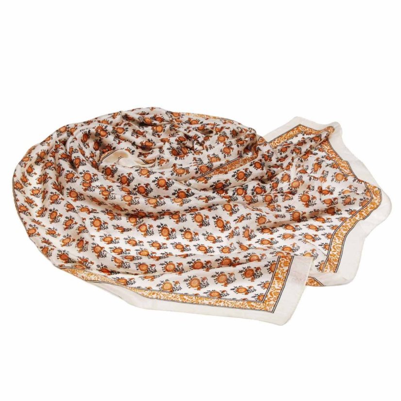 Seidenschal mit Aufdruck groß cremefarben mit dunkler Goldfarbe und Schwarz