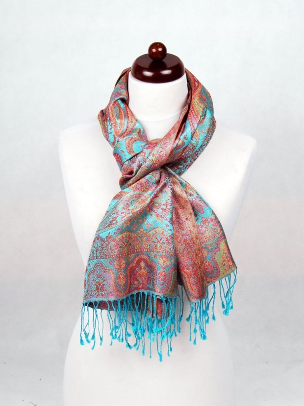 Hedvábná šála Super velká tyrkysová s červenou a růžovou