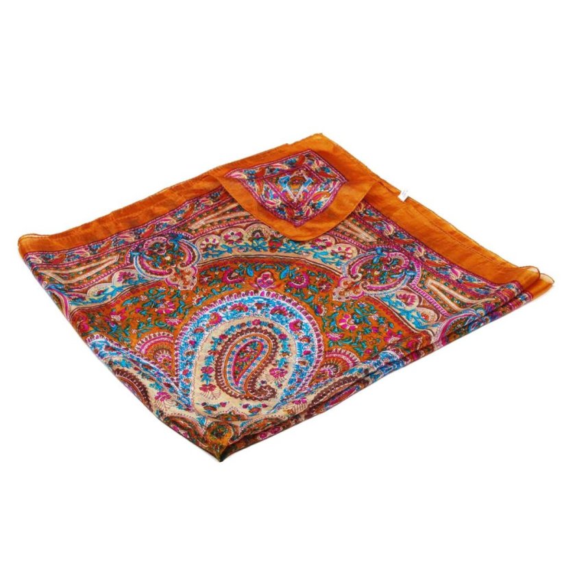 Hedvábný šátek s potiskem tmavě zlatý s fialovou