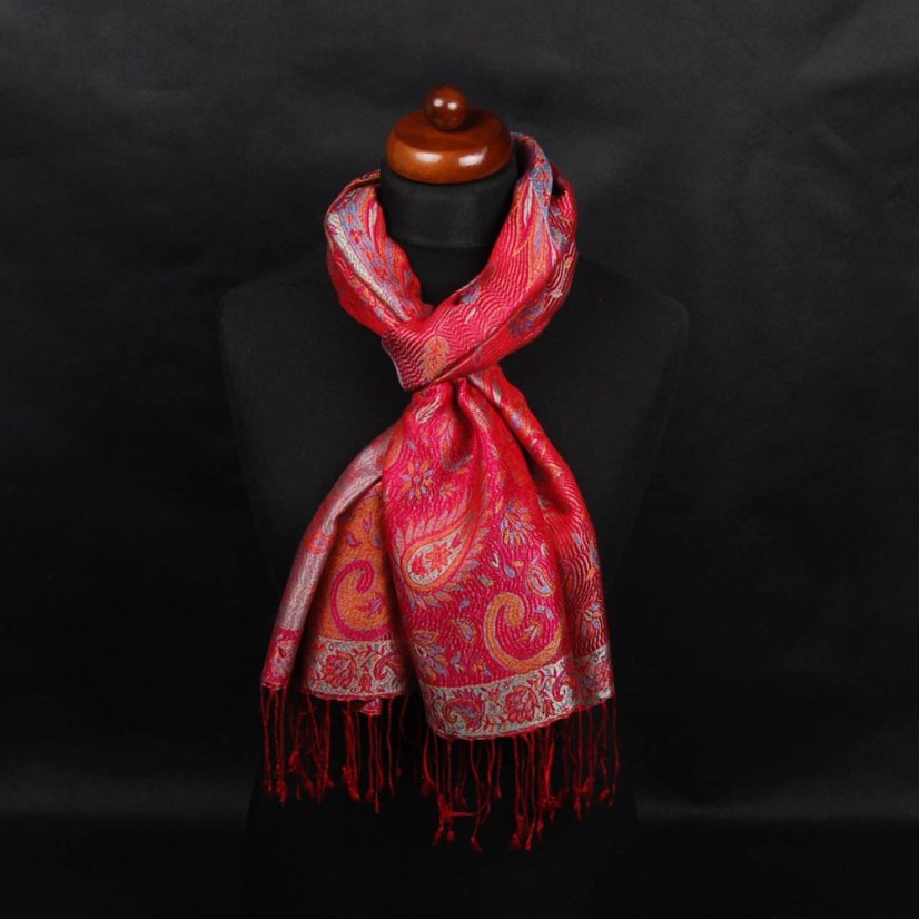 Hodvábny šál Super stredný červený s magentou a žltou farbou