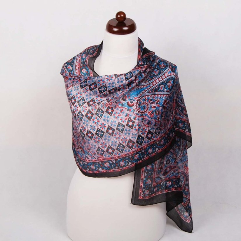 Hedvábná šála s potiskem šedo-tyrkysovo-tmavě červená