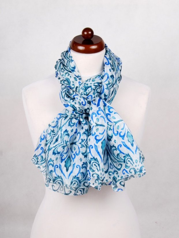 Großer Seidenschal mit Ziermuster weiß mit Teal und Blau