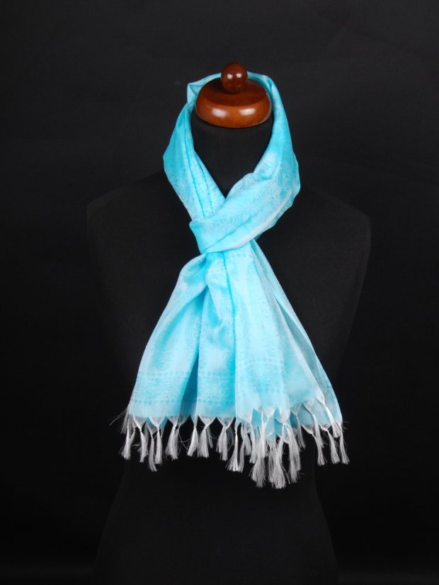 Hedvábná šála z Váránasí světle tyrkysovo-bílá