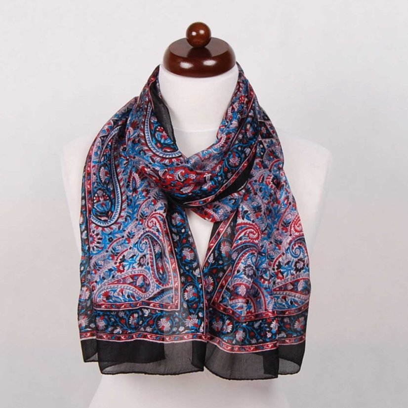 Hedvábná šála s potiskem šedo-tyrkysovo-tmavě červená