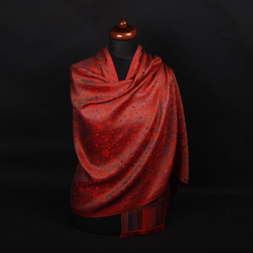 Šál z viskózy a hodvábu Khani Jamavar červený s tmavozelenou farbou