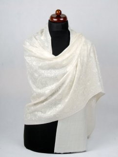 Kaschmirische Pashmina Norbu cremefarben mit Seide-Stickerei in Weiß