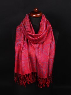 Hodvábny šál Super veľký červený s tyrkysovou a oranžovou farbou