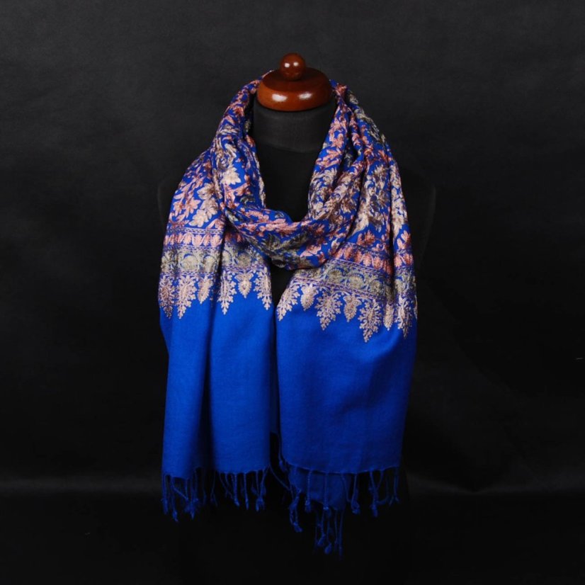 Kašmírská vlněná šála vyšívaná hedvábím modrá s šedozelenou