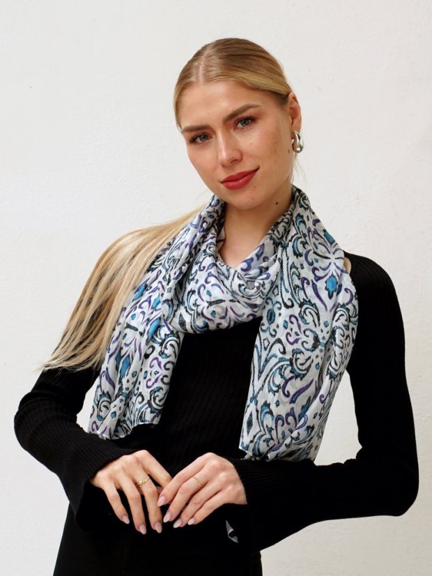 Großer Seidenschal mit Ziermuster weiß mit Teal und Blau