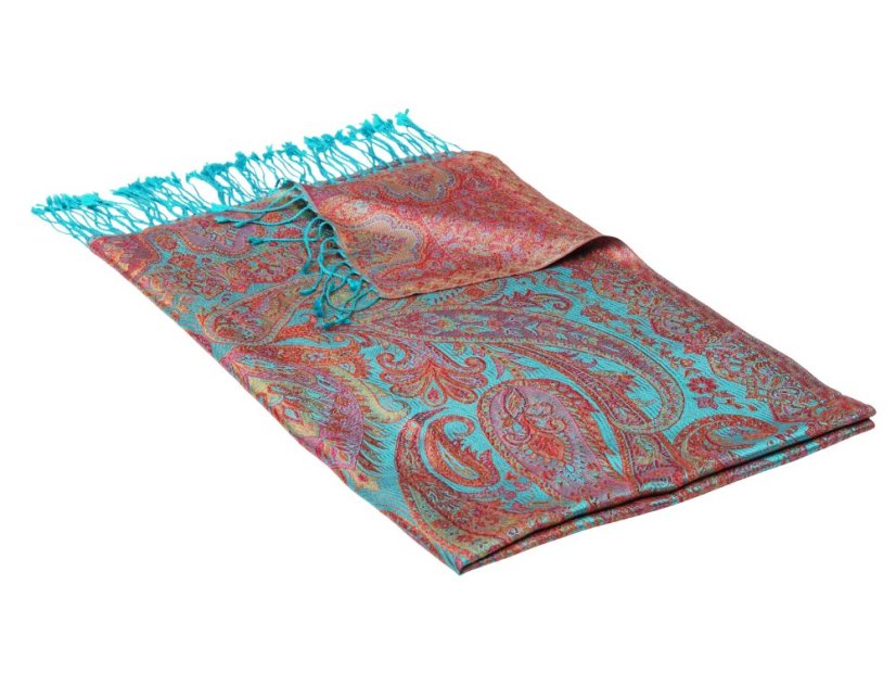 Hedvábná šála Super velká tyrkysová s červenou a růžovou