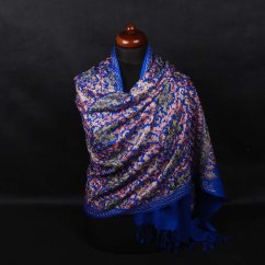 Kašmírsky vlnený šál vyšívaný hodvábom modrý s šedozelenou farbou