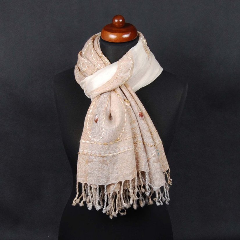 Schal aus Merinowolle handgestickt in Hellbraun, Grau und Cremefarbe