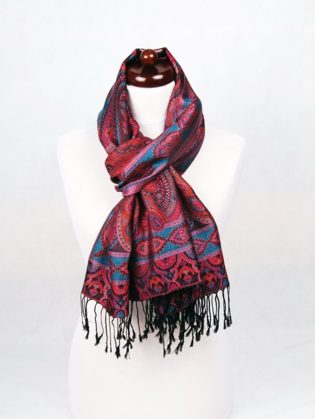 Hedvábná šála Super velká černá s magentou a oranžovou