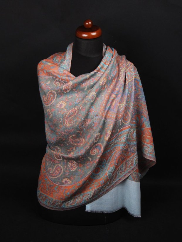 Kašmírska vlnená pašmína Khani Jamavar exclusive so svetlomodrou a tyrkysovou farbou