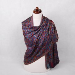 Šála z viskózy a hedvábí Khani Jamavar tmavě modrá se žlutou