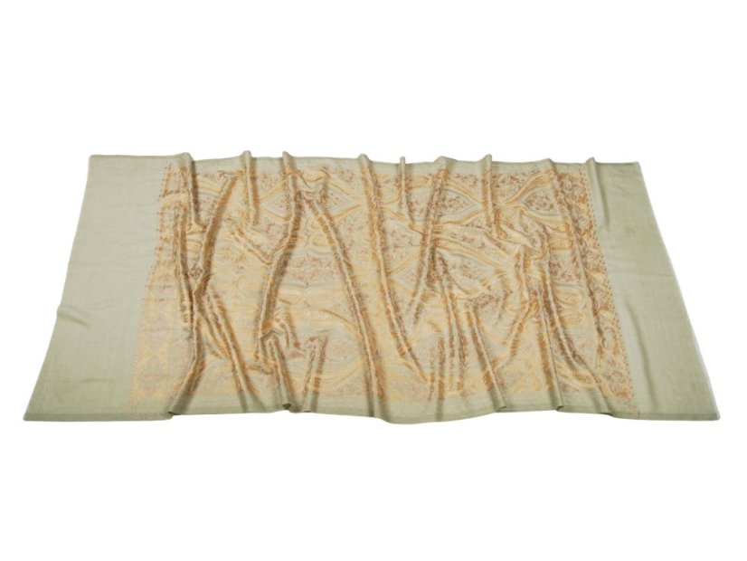 Kašmírsky vlnený šál vyšívaný hodvábom svetlozelený s béžovou a zlatou farbou