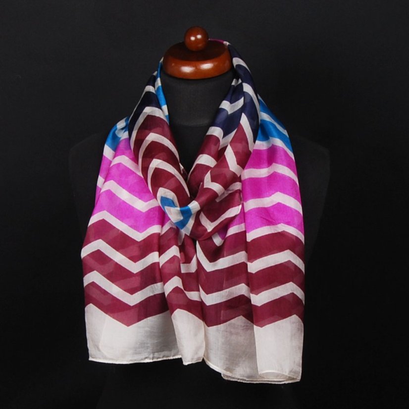 Hedvábná šála s potiskem s fialově růžovou a bordó