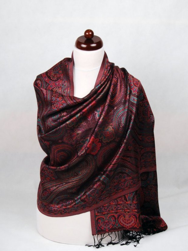 Hedvábná šála Super velká černá s magentou a tmavě zelenou